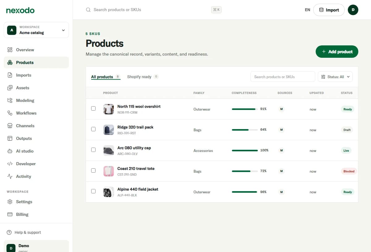 Nexodo product catalog showing product records, completeness, sources, update times, and publishing status