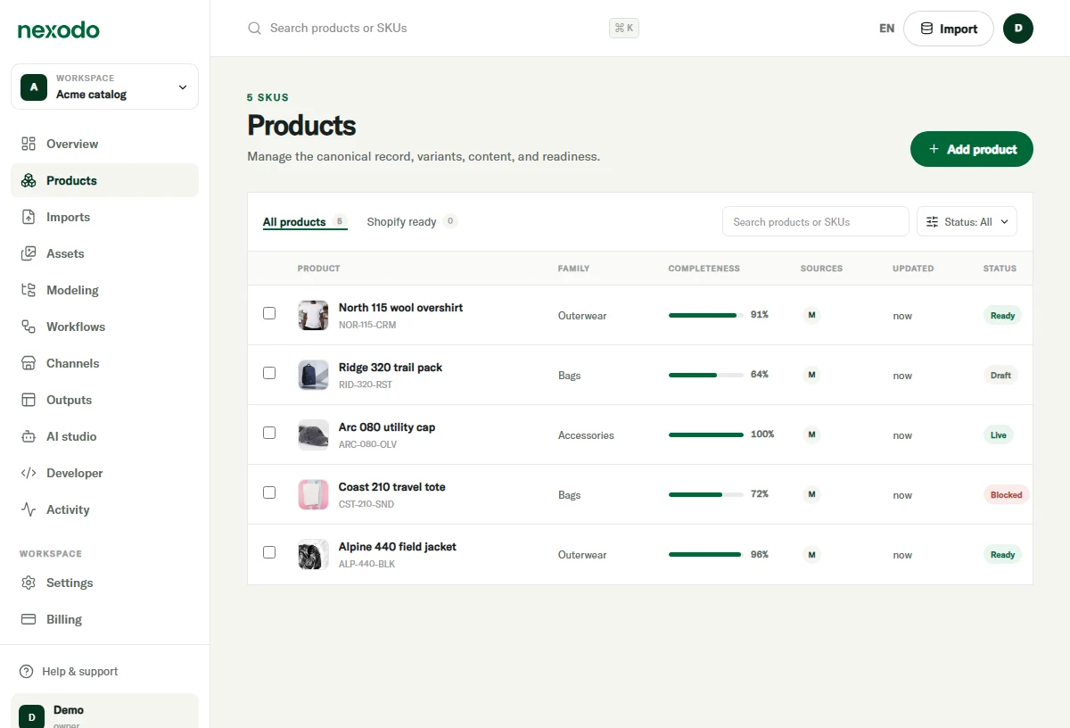 Nexodo product catalog showing product records, completeness, sources, update times, and publishing status