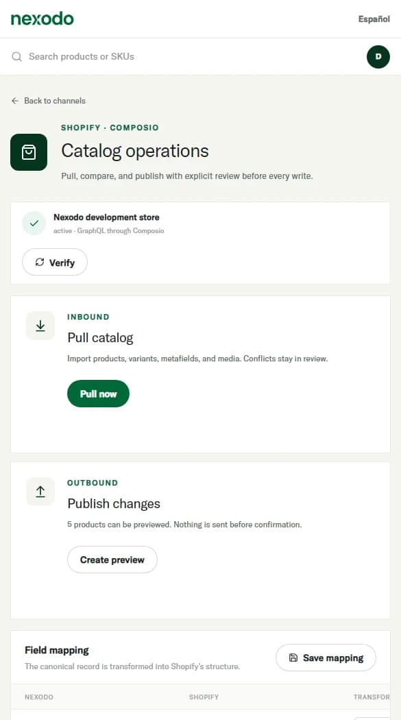 Responsive Nexodo Shopify catalog operations screen with verified connection and catalog pull controls