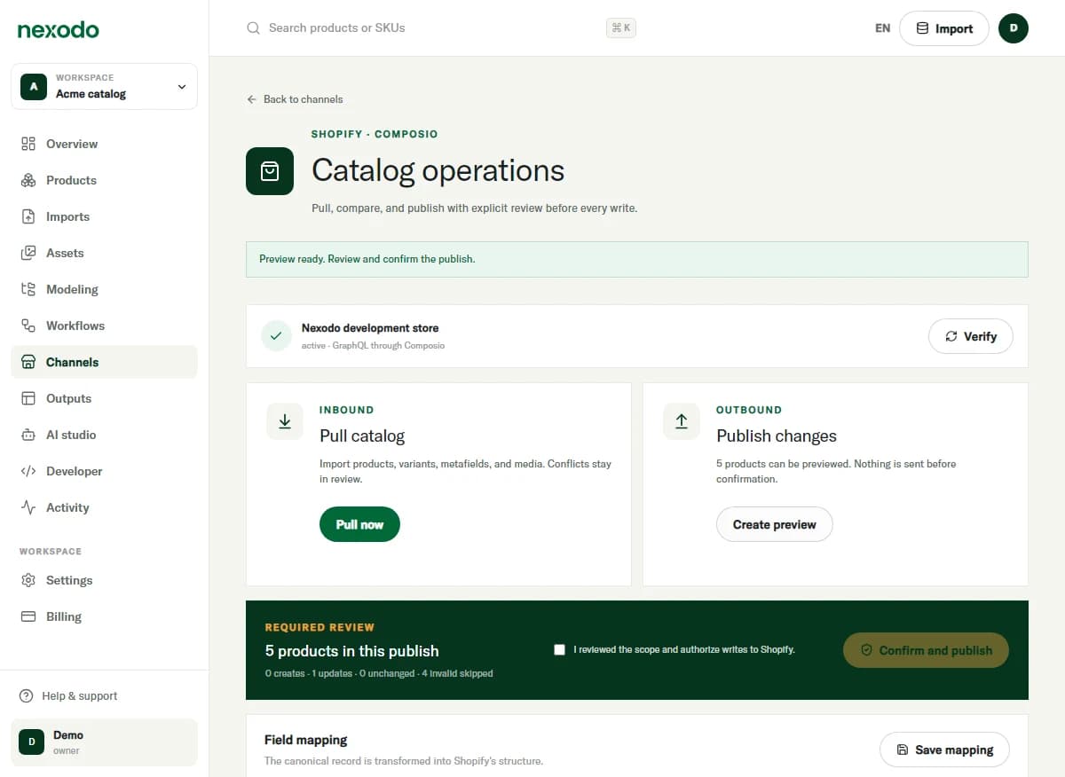 Nexodo Shopify catalog operations screen showing preview authorization, inbound and outbound controls, and field mappings